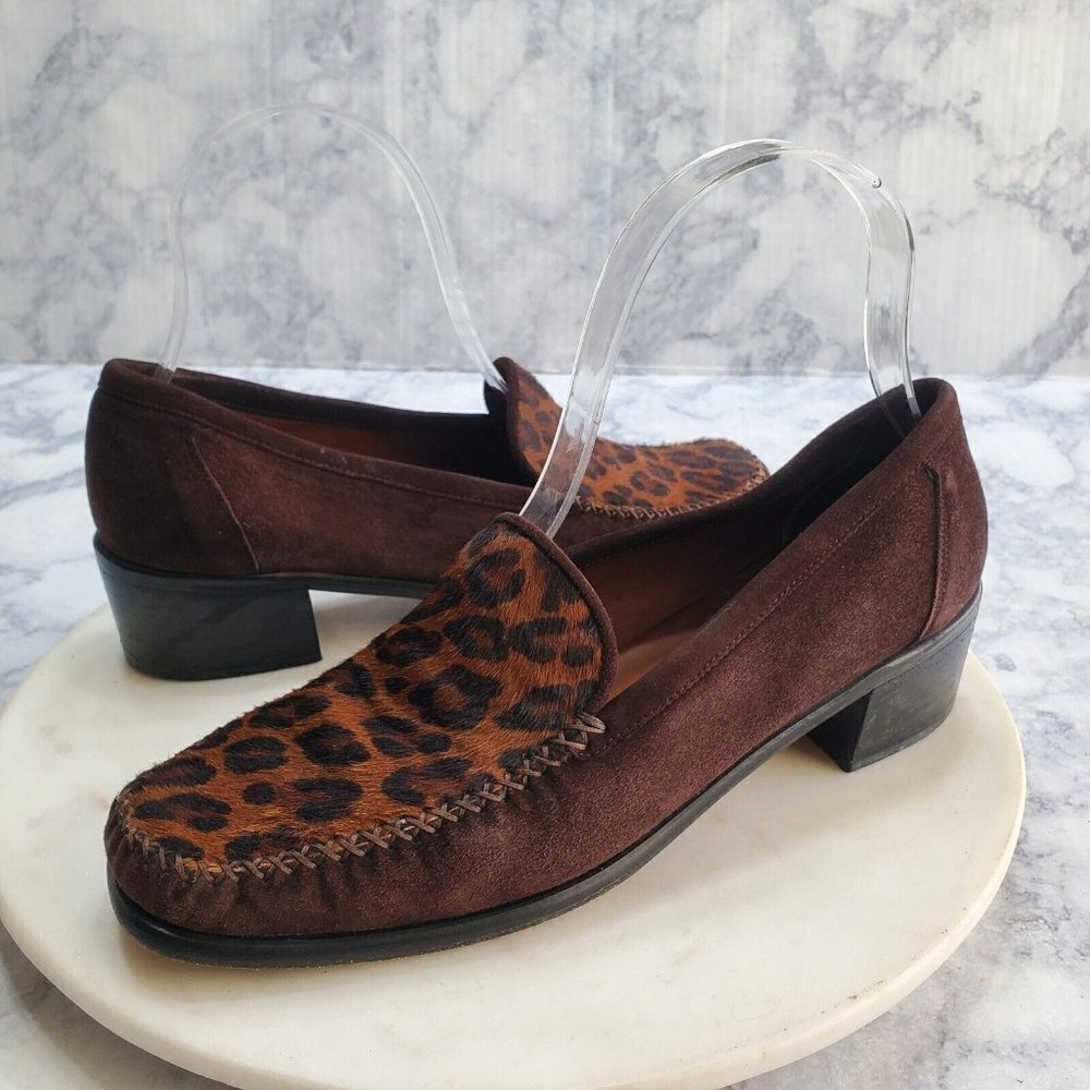 STUART Weitzman Womens 7 AA Narrow Loafer Brown Suede Leopard Calf Hair Classic‎